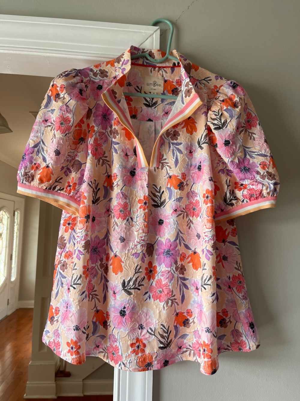 Umgee Cream Floral Puff-Sleeve Zip Top with Pink & Orange Blooms